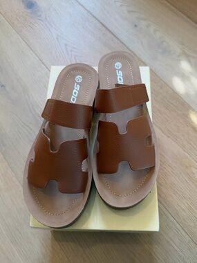 Soda Brown Double-Strap Cutout Slide Sandals
